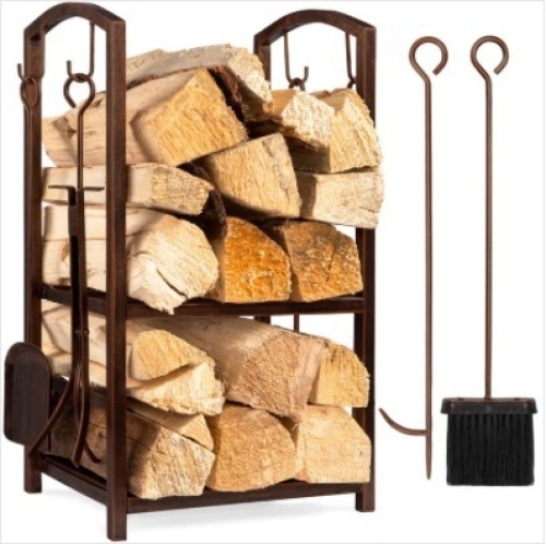5-Piece Firewood Log Rack Holder Tools Set w/ Hook, Broom, Shovel, Tongs - Lot 234