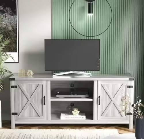 58 in. Farmhouse Gray Wash TV Stand Fits TV's up to 65 in. with Cabinets and Adjustable Shelves - Lot 242