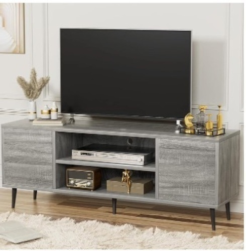 YESHOMY Modern Retro TV Stand for Television up to 65", Entertainment Center with Two Storage Cabinet and Shelf, Media Console for Living Room, Bedroom, Enterway, Office, 58 Inch, Retro Brown - Lot 244