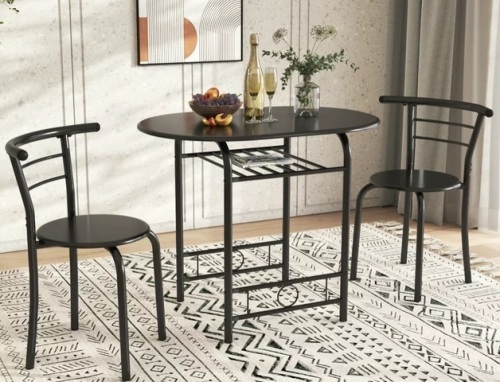 Furmax 3 Piece Wood and Metal Dining set, Small dining table for 2 ,for Living Room, Dining Room, Kitchen, Black - Lot 170