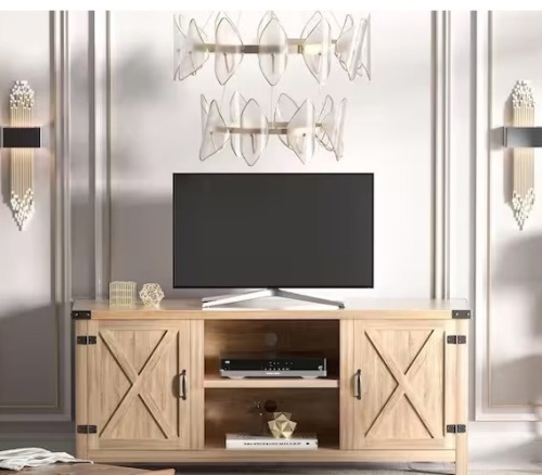 58 in. Farmhouse Rustic Wood TV Stand Fits TV's up to 65 in. with Cabinets and Adjustable Shelves - Lot 256