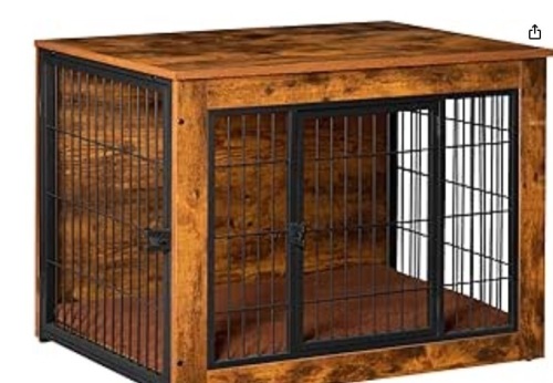 Dog Crate Furniture with Thick Cushion, Side End Table Wooden Cage Double Doors, Chew-Resistant Kennel House Indoor for Small to Large Dog, M, Rustic Brown - Lot 263