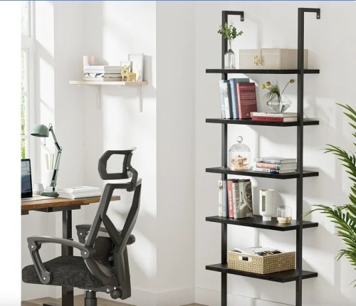 Lacoo Industrial Ladder Shelf, 5-Tier Wood Wall-Mounted Bookcase with Stable Metal Frame, 72 Inches Storage Rack Shelves Display Plant Flower, Stand Bookshelf for Home Office - Black/Black - Lot 175