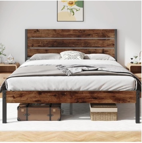 Queen Bed Frame with Headboard and Footboard, with Under Bed Storage, All-Metal Support System, No Box Spring Needed, Easy Assembly,Rustic Brown - Lot 176