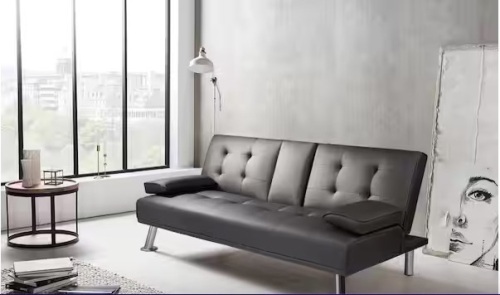 Black 66 in. Faux Leather Upholstered Convertible Folding Futon Sofa Bed 2 Cupholders - Lot 187