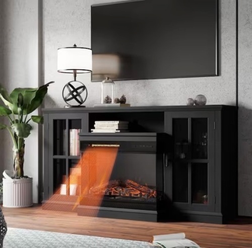 59 in. Deluxe Black TV Stand with 5,000 BTU Electric Fireplace and Glass Cabinets, Room Center Fits TV's up to 65 in. - Lot 327