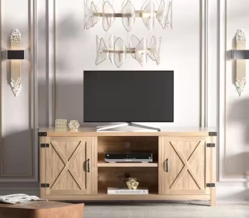 58 in. Farmhouse Rustic Wood TV Stand Fits TV's up to 65 in. with Cabinets and Adjustable Shelves - Lot 321