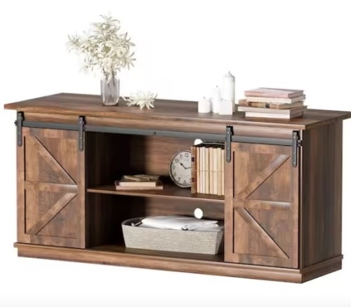 58 in. Rustic Oak Composite TV Stand Living Room Hub Fits TV's up to 65 in. w/ Sliding Barn Door and Adjustable Cabinets - Lot 329