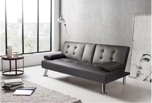 Black 66 in. Faux Leather Upholstered Convertible Folding Futon Sofa Bed 2 Cupholders - Lot 188