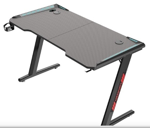 LED Gaming Desk 55 Inch, Ergonomic Gamer Workstation Carbon Fibre Surface Gaming Desk PC Table with Cup Holder & Headphone Hook Black - Lot 192