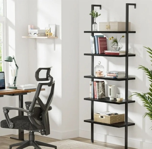 Industrial Ladder Shelf, 5-Tier Wood Wall-Mounted Bookcase  - Lot 270