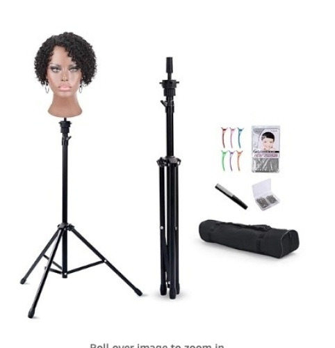 Klvied Reinforced Wig Stand Tripod Mannequin Head Stand, Adjustable Holder for Cosmetology Hairdressing Training with T-with Caps, T-Pins, Comb, Hair Clip, Carrying Bag - Lot 478