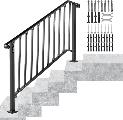 VEVOR Handrails for Outdoor Steps, Fit 4 or 5 Steps Outdoor Stair Railing, Picket#4 Wrought Iron Handrail, Flexible Porch Railing, Black Transitional Handrails for Concrete Steps or Wooden Stairs missing hardware - Lot 432