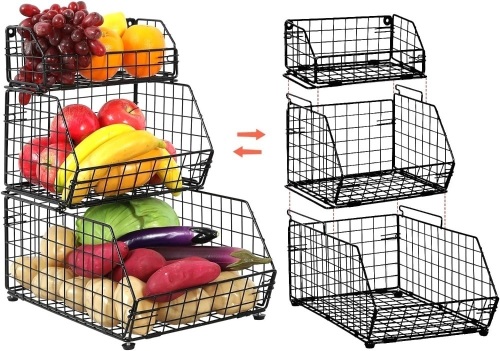3 Tier Fruit and Vegetable Basket Wall-Mounted & Countertop Organizer for Potato Onion Stackable Wire Baskets for Pantry Kitchen Cabinet for Produce Snack Canned Food Storage, Black  - Lot 499