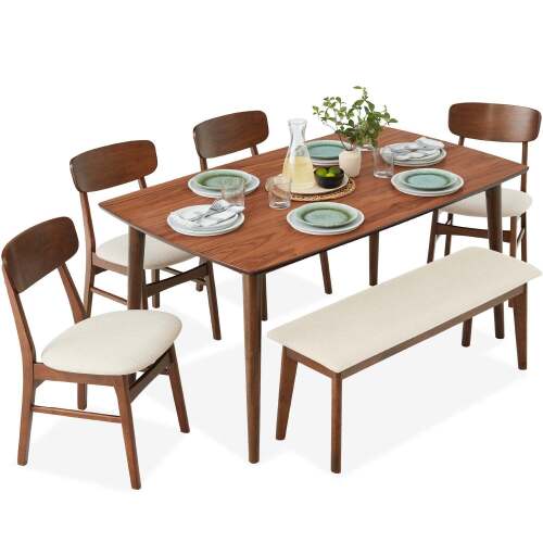 6-Piece Mid-Century Modern Upholstered Wooden Dining Set w/ 4 Chairs, Bench - Lot 3714