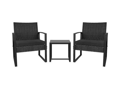 Black 3-Piece Steel Outdoor Wicker Patio Furniture Set - Lot 100