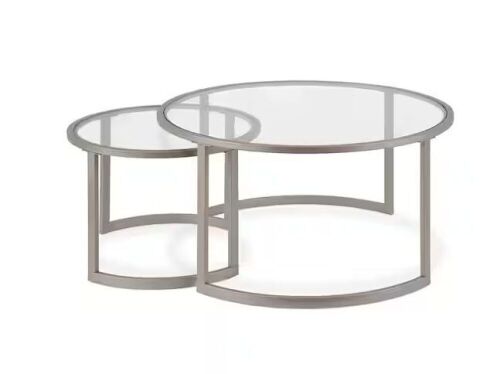 Meyer&Cross Mitera 36 in. 2-Piece Nickel Round Glass Top Coffee Table Set with Nesting Tables  - Lot 86