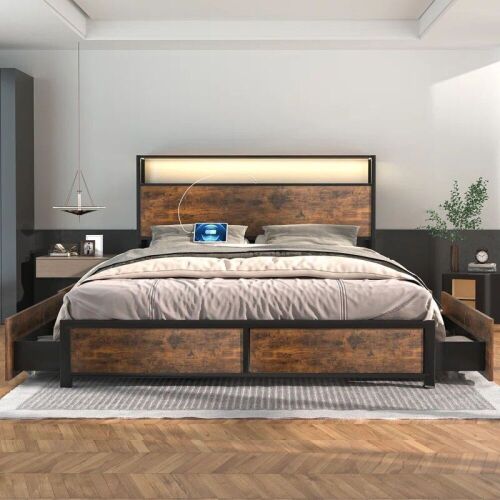 Queen Metal Bed Frame with Charging Station, LED Lights, and Storage Drawers - Lot 65