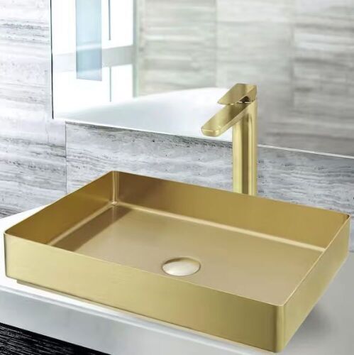 AKDY Gold Stainless Steel Rectangular Bathroom Vessel Sink with High Arc Faucet  - Lot 190