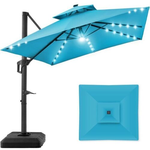 2-Tier Square LED Cantilever Offset Umbrella w/ 360 Rotation, Base - 10x10ft - Lot 14