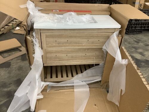 Autumn 36 in Single Sink Bath Vanity in Weathered Tan with White Engineered Stone Top - For Parts or Repair  - Lot 443