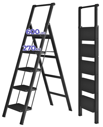JOISCOPE 5 Step Ladder, Foldable Step Stools for Adults with Wide Anti-Slip Pedal, 600lbs Lightweight Sturdy Steel Ladder - Lot 27