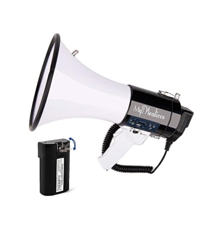 MyMealivos Megaphone with Siren Bullhorn 50 Watt Bullhorn Speaker with Detachable Microphone, Portable Lightweight Strap & 3.5mm Aux Input - Lot 417