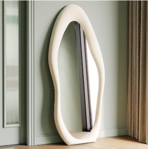 Honyee Full Length Mirror, 63" x 24" Wall Mirror, Flannel Wrapped Wooden Frame Full Body Mirror, Irregular Wavy Mirror Hanging or Leaning Against Wall for Cloakroom/Bedroom/Living Room, White - Lot 198