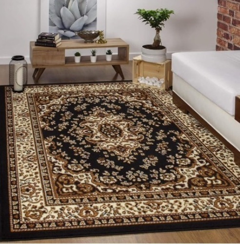 Antep Rugs Kashan King Collection Himalayas Oriental Polypropylene Indoor Area Rug (Black/Beige, 6'7" x 9') - Lot 124