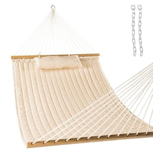 12FT Quilted Fabric Double Hammock with Pillow, 2 Person Hammock with Spreader Bar for Outdoor Outside Patio Garden Yard Pool Beach (Linen) - Lot 133