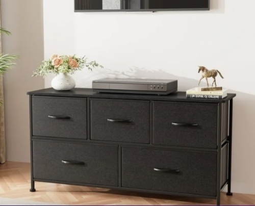 Homall 5 Drawer Fabric Dresser Wide Chest Of Drawers Nightstand With Wood Top Rustic Storage Tower Storage Dresser Closet For Living Room, Bedroom, Hallway, Black - Lot 300