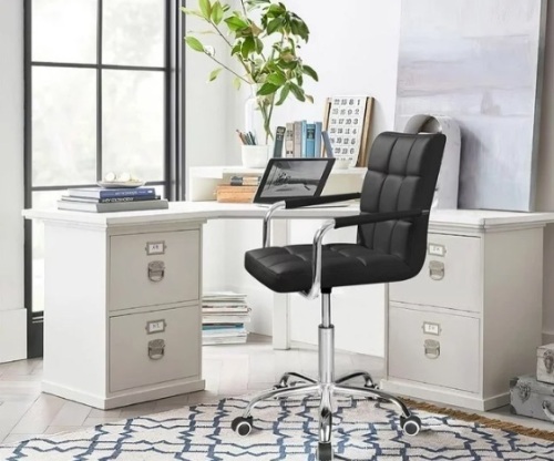 Mid Back office chair PU Leather Adjustable Height Office Desk Chair 360 Degree Swivel with Armrest, Black - Lot 84