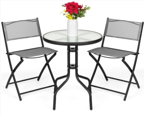 3-Piece Bistro Set w/ Glass Table, 2 Foldable Chairs - Lot 248