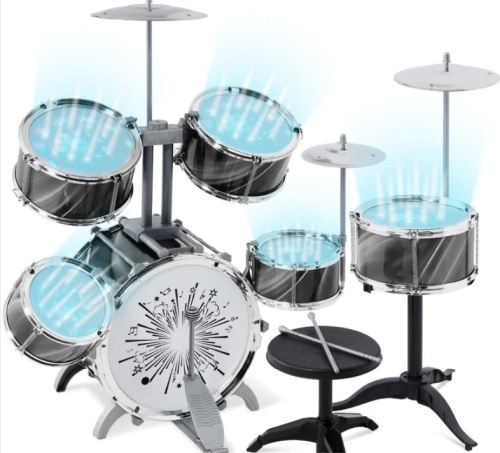 18-Piece Kids Beginner Drum Kit, Musical Instrument Toy Set w/ LED Lights - Lot 257