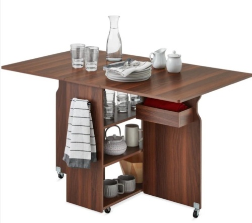 Multipurpose Folding Table w/ Wheels, 3 Storage Shelves, Cubby, Handle - Lot 260