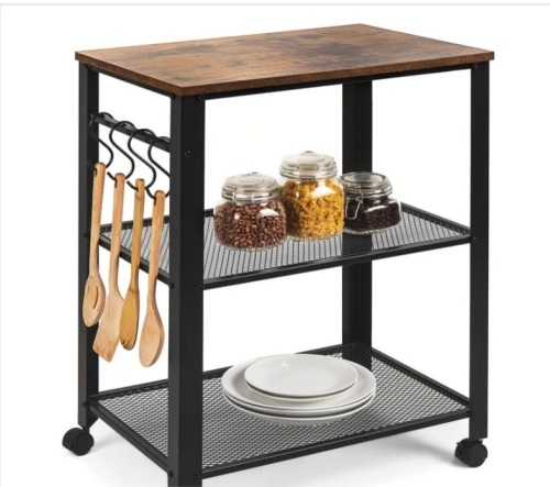 3-Tier Microwave Cart Rolling Utility Serving Cart w/ 2 Shelves, 4 Hooks - Lot 263