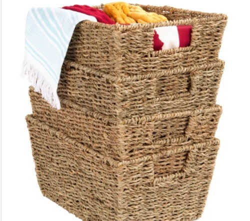 Set of 4 Seagrass Storage Tote Baskets, Laundry Organizer w/ Insert Handles - Lot 266