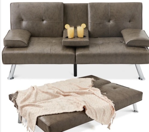 Faux Leather Upholstered Convertible Sofa Bed Futon w/ 2 Cupholders - Lot 278