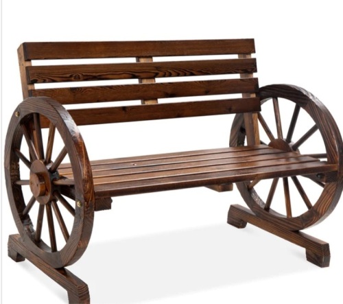 2-Person Rustic Wooden Wagon Wheel Bench w/ Slatted Seat and Backrest - Lot 279