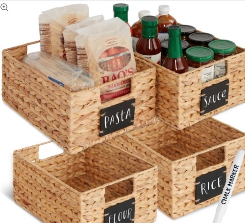 Set of 4 Water Hyacinth Pantry Baskets w/ Chalkboard, Marker - 12in - Lot 286