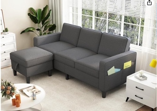 Convertible Sectional Sofa Couch, 78" L-Shaped Couches for Living Room Dark Grey 3 Seater Small Sofas with Storage Ottoman for Apartment Small Space - Lot 70