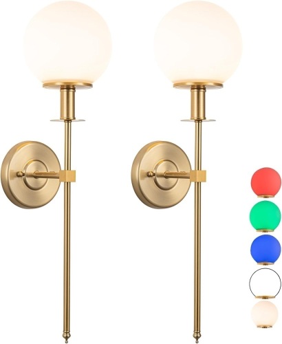 Battery Operated Wall Sconces Set of 2,Not Hard Wired Brass Gold -White Glass Globe Wall Lights, Wireless Lamp Fixture for Bedroom, Living Room, Bathroom, Hallway  - Lot 401
