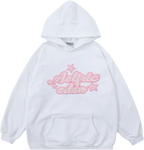 Aelfric Eden Star Graphics Long Sleeve Pullover Unisex Hoodie -White/Pink- Med - Lot 404