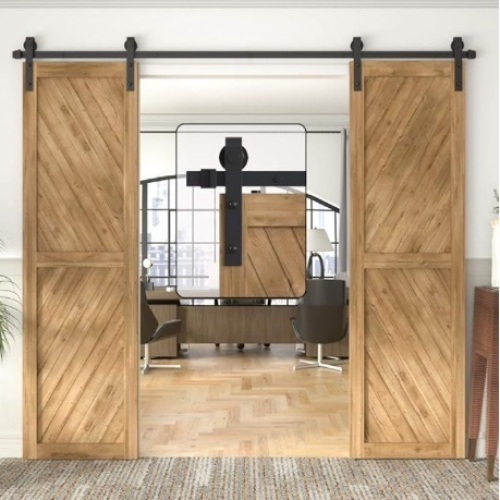 WINSOON Double Barn Door Hardware Kit 5-18FT for Sliding Double Doors Wood Cabinet Closet Set Black Surface Antique Style (7.5FT /90" 2 Doors Track Kit) - Lot 344