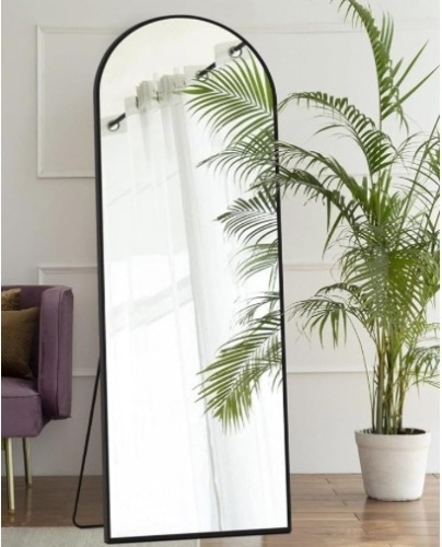 Arched Full Length Mirror Floor Mirror with Stand, Aluminium Metal Frame for Wall Mounted Full Body Mirror Leaning Body Mirror Hanging Wall Mirror for Bedroom Living Room Dressing Mirror-Black - Lot 358