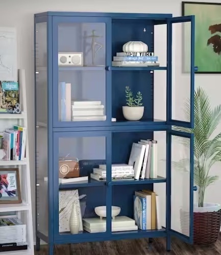 4-Glass Door Storage Cabinet with Adjustable Shelves Feet Cold-Rolled Steel Sideboard Furniture Blue Pantry Organizers, missing some hardware - Lot 406