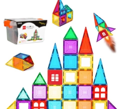 32-Piece Kids Mini Magnetic Tiles Educational STEM Toy Set w/ Carrying Case - Lot 414