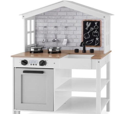 Kids Farmhouse Play Kitchen w/ Chalkboard, Storage Shelves, 5 Accessories - Lot 419
