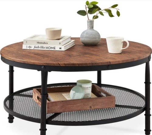 2-Tier Round Industrial Wood & Steel Coffee Table, Storage Shelves - 35.5in - Lot 420