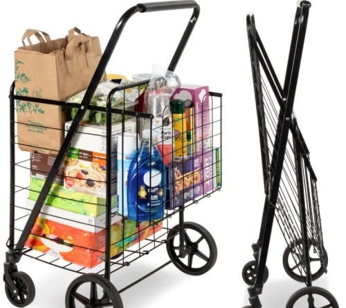 Folding Steel Grocery Cart w/ Double Basket, Swivel Wheels, 220lb Cap - Lot 421